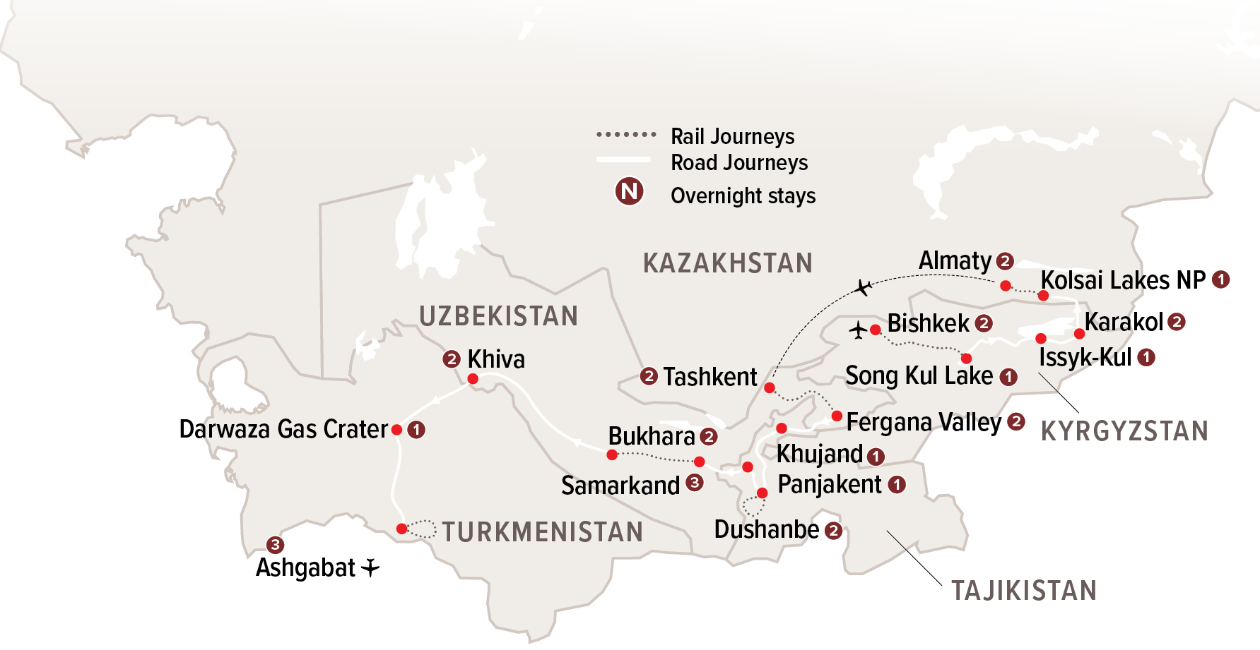 Central Asia - The 5 Stans of the Silk Road by Rail & Coach Map