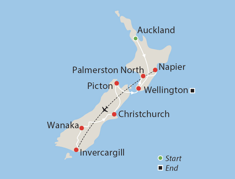 Classic Car, Train & Plane Tour of New Zealand Map
