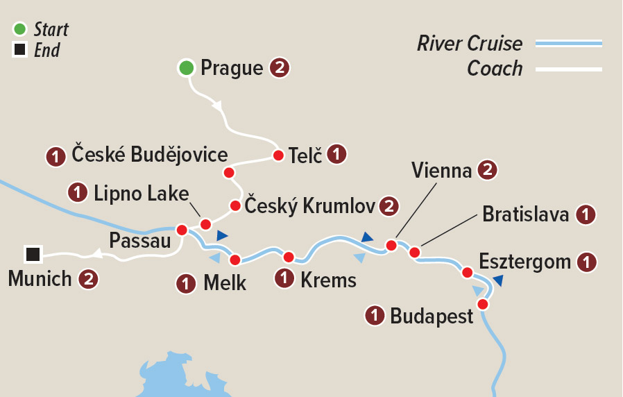 Cycle & Cruise: The Danube and Central Europe Map