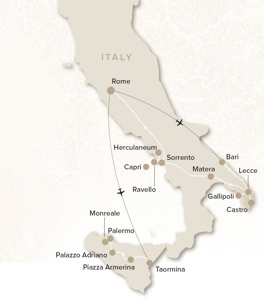 Hidden Italy Exploration of Rome, Puglia, the Amalfi Coast & Sicily Map