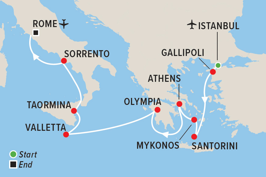 Istanbul, Gallipoli and Mediterranean cruise with Luke Grant map