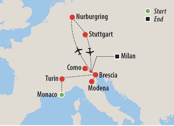 Classic Automobile tour to Italy, France and Germany Map