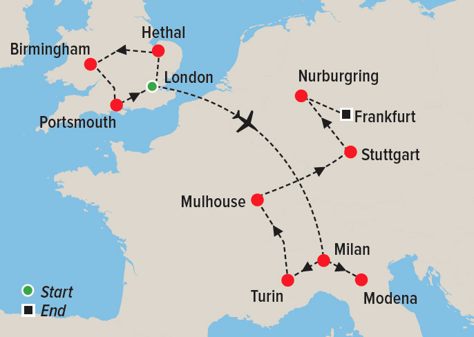 Classic Automobile tour to Italy, France, Germany and England Map