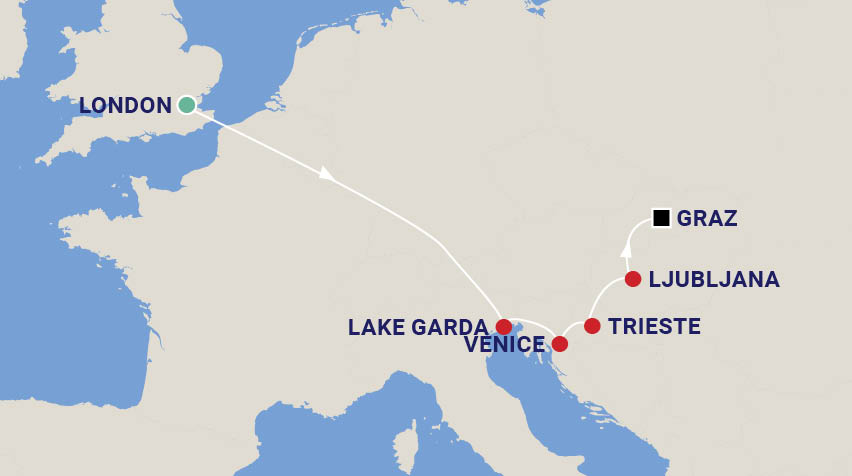 Garden Tour to UK, Italy, Slovenia and Austria with Deryn Thorpe Map