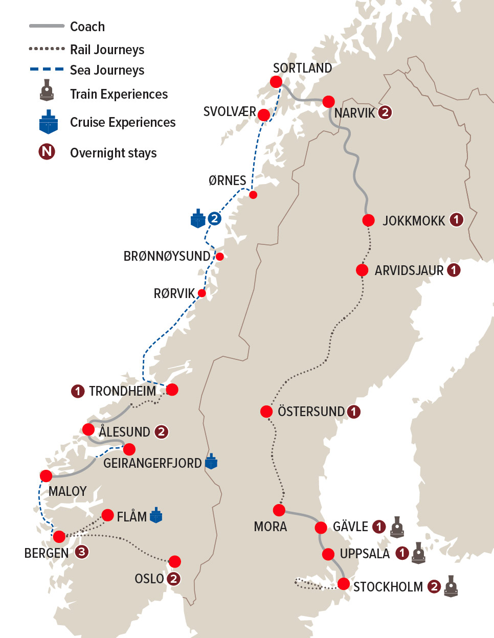 A Taste of Scandinavia by Rail, Ship and Coach Map