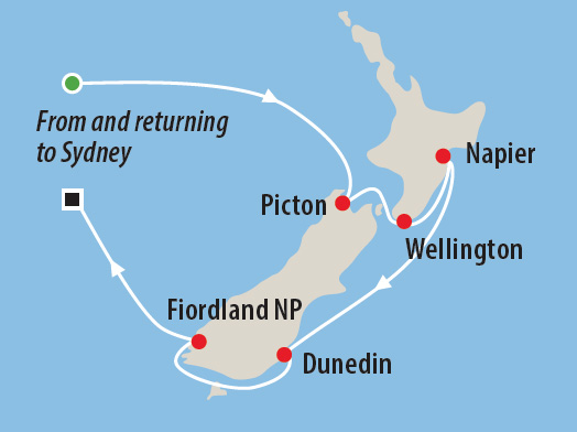 Hand stitching at sea New Zealand Cruise Map