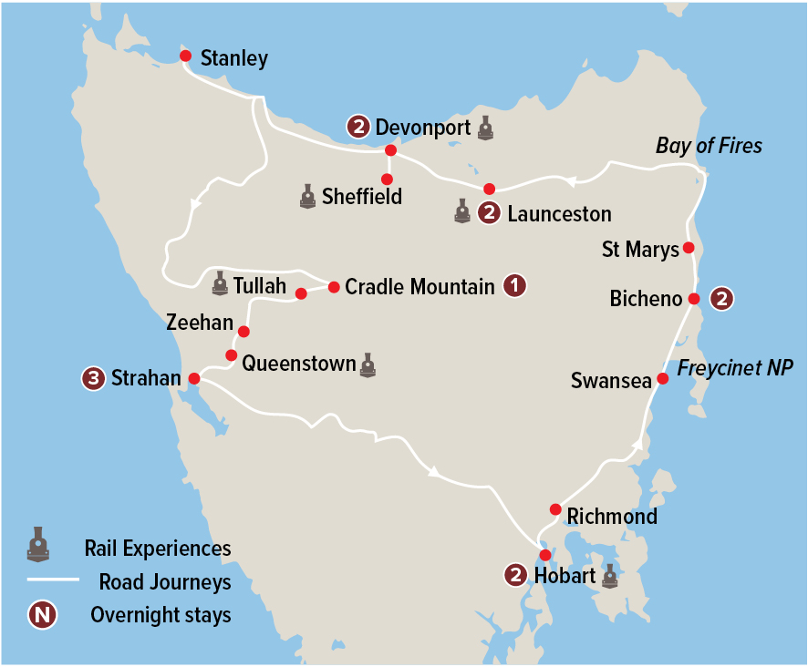 Rail, Cruise & Coach exploration of Tasmania Map