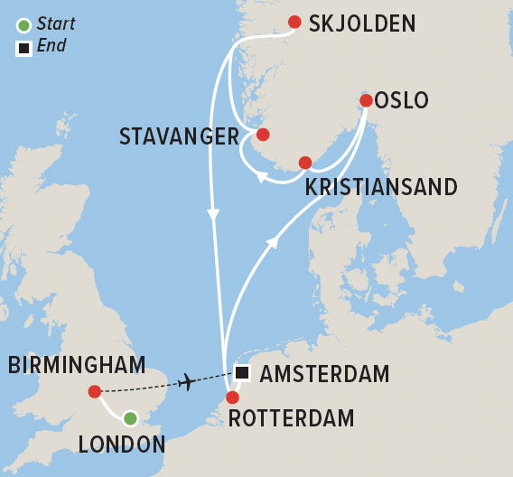 Patchwork Tour & Cruise of UK, The Netherlands & Norway Map